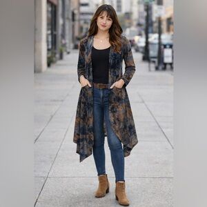 Tie-Dye Hooded Duster Cardigan in Blue & Brown